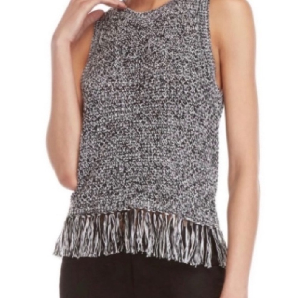 Rebecca Minkoff Black & White Sleeveless Knit Fringe Hem Top | Size M